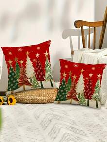 1/2/4pcs Soft Christmas Tree Decorative Throw Pillow Covers - Red & Green Farmhouse Holiday Decor With Golden Stars & Pine Tree Patterns, Zipper Closure, Machine Washable Polyester Cushion Covers For Sofa, Bedroom, Living Room - Contemporary Modern Xmas Decorations (No Inserts) - Multicolor - View 4