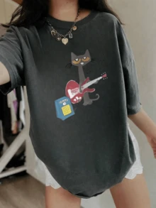 Back-To-School Season Teenage Girls' Casual Short-Sleeved T-Shirts, With Cat Playing Guitar Prints. These Printed, Short-Sleeved T-Shirts, Girls' Blouses & Soft Knitted T-Shirts Fit Stylish Summer Wear. - 黑色 - 查看 1