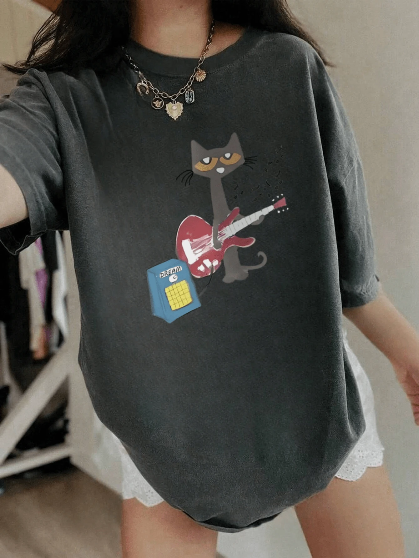 Back-To-School Season Teenage Girls' Casual Short-Sleeved T-Shirts, With Cat Playing Guitar Prints. These Printed, Short-Sleeved T-Shirts, Girls' Blouses & Soft Knitted T-Shirts Fit Stylish Summer Wear. - 黑色 - 查看 1