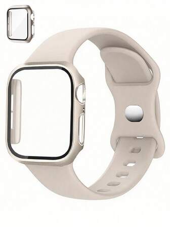 Correa de silicona de unicolor simple y moderna 3 en 1 compatible con Apple Watch 38MM 40MM 41MM 42MM 44MM 45MM 49MM (Ultra, SE, Series 9/8/7/6/5/4/3/2/1) - Cubierta protectora resistente a arañazos, al agua y a golpes con una correa deportiva cómoda y transpirable para mujeres y hombres