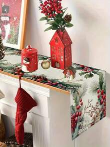 1 pieza, Camino de mesa de Navidad con bayas de acebo, de poliéster, rectangular, ropa de mesa navideña, diseño de bayas rojas y hojas verdes, hecho a máquina, para celebración de Navidad y Año Nuevo, decoración del hogar, cocina y fiesta (33x90/120/160/183/200 cm)