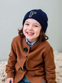 1 件儿童针织帽，26 个字母图案，纯色针织帽，女童儿童帽子，户外保暖帽，秋冬 - 藏蓝色 - 查看 5