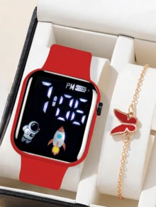 2 件/套 1 件卡通心形方形电子手表和 1 条蝴蝶手链情人节礼物圣诞礼物毕业礼物情侣礼物情侣手表手链万圣节、圣诞节、情人节、母亲节、节日礼物的最佳选择