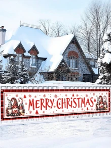 1 pieza de 35*180cm, 500 piezas Bandera horizontal navideña 2D, con diseño de árbol de Navidad con copos de nieve y gnomos de dibujos animados, de poliéster para decorar vallas, jardines y paredes, suministros para fiestas navideñas interiores y exteriores