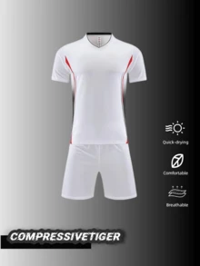 2 Stücke Personalisierter Herren Fußball Trainingsanzug - Individueller Name & Nummer Druck (Vorder-/Rückseite) + Teamname/Logo Anpassung - Weiß mit roten - schwarzen Farbverläufen an den Seiten - schnelltrocknend und atmungsaktiv - perfekt für Fußball, Volleyball, Mannschaftssportarten - Weiss - Übersicht 2