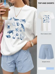 2 pcs Conjunto casual de 2 piezas de camiseta de manga corta con estampado animales de mar, playa y pantalones cortos a rayas para mujer en verano - Blanco - Ver 1