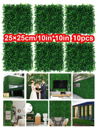 Nejlue Artificial Flowers/Plants1111 Home & Living 10片塑料人造黄杨木植物墙，防紫外线隐私屏风，人造绿篱草垫绿色墙板，人造植物叶子花园围栏，适用于家居装饰、房间装饰、花园装饰、墙面装饰、室内外装饰、卧室装饰、婚礼装饰、派对装饰、生日装饰、圣诞节装饰
