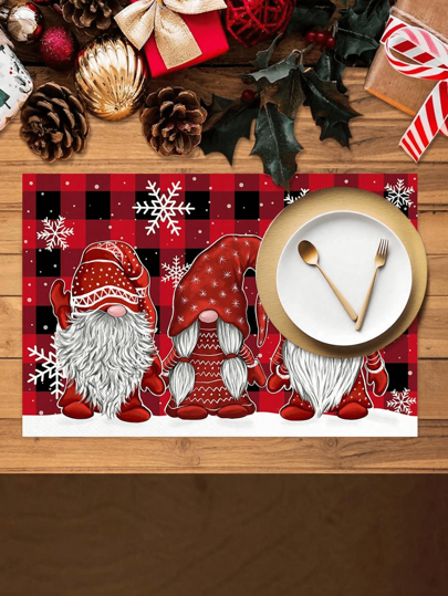 4pcs/6pcs/1200pcs 30x45cm Christmas Gnome Design Placemats, Red Black Plaid, Snowflake Pattern, Polyester Fabric Placemats, Suitable For Christmas Table Decor, Christmas Party, Home Decoration