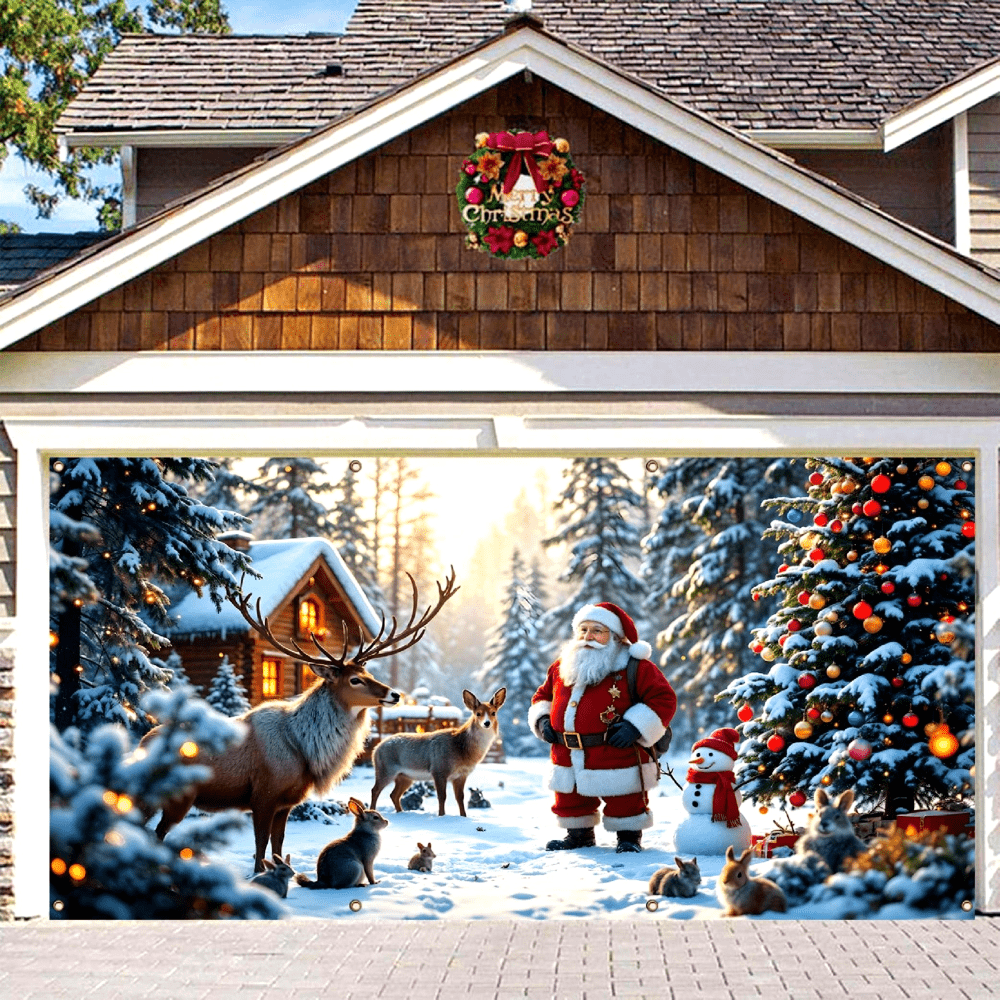 1pc Christmas Garage Door Banner - Holiday Wall Decor With Santa Claus And Reindeer In Snowy Landscape, Suitable For Outdoor Decoration During Holiday Season