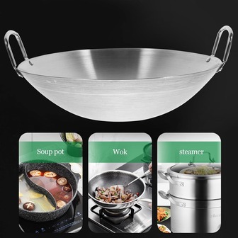 1PC Stainless Steel Wok With Deep Bottom Design, Stainless Steel Double-Handled Round Bottom Traditional Cooking Pot, Round Bottom Cooking Pot Made Of Stainless Steel, Suitable For Kitchens, Restaurants, And Homes