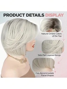 Peruca curta, cinza claro, com degradê de cor, cabelo liso, peruca de fibra sintética, corte em camadas, peruca sintética macia de 30 cm, adequada para uso diário por mulheres, meninas e moças