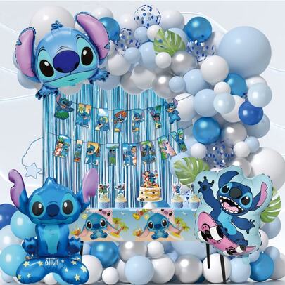 Disney 89 Stücke offiziell lizenzierte Disney Stitch Luftballons Set, süße Cartoon blaue Ballon Girlande, Tischdecken Dekoration für Geburtstags Party, Foto Hintergrund, Bankett, Abschluss, Jahrestag Zubehör, Geschenke für Freunde und Familie