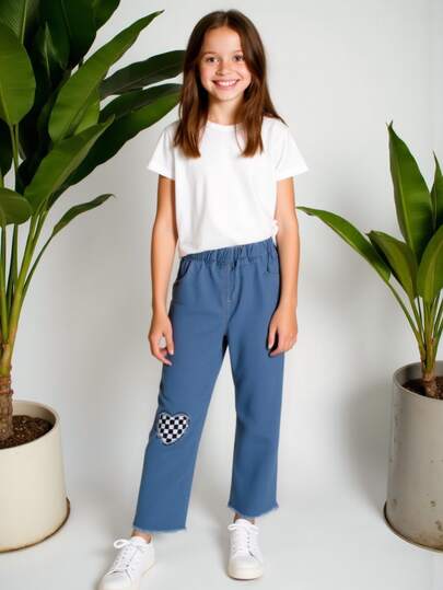 Tween Girls' Heart Applique Frayed Hem Casual Pants