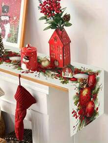 1pc Christmas Decoration Table Runner, 13x35.4/47.2/63/72/78.7 Inches Available - Polyester Rectangular Striped Holiday Decoration, Red And Gold Trim, Pine Branches And Snowflakes, Suitable For Kitchen Dining Room Party Home Decor, Christmas Table Decoration, Snowflake Pattern, Durable Fabric, Seasonal Textile, Christmas Decoration