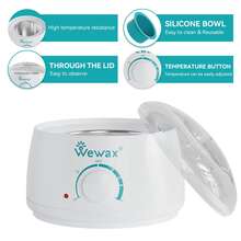 WEWAX 脱毛套装带硅胶罐 - 包含 4 包硬蜡豆、10 片脱毛前湿巾、10 片脱毛后湿巾和 10 把刮刀 - 男女通用便携式脱毛套装，适合居家和旅行使用 - 查看 4