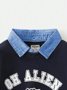 男童仿两件套领拼接卫衣，新款秋冬男童加厚长袖连帽衫