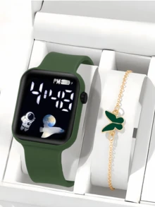 2 件/套 1 件卡通心形方形电子手表和 1 条蝴蝶手链情人节礼物圣诞礼物毕业礼物情侣礼物情侣手表手链万圣节、圣诞节、情人节、母亲节、节日礼物的最佳选择