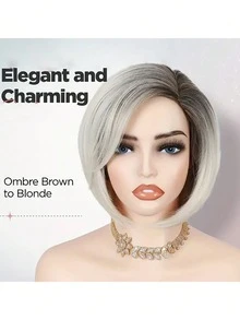 Peruca curta, cinza claro, com degradê de cor, cabelo liso, peruca de fibra sintética, corte em camadas, peruca sintética macia de 30 cm, adequada para uso diário por mulheres, meninas e moças