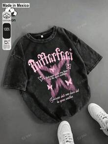 Camiseta de algodón Es Trus, estampado divertido de mariposa rosa y letra, estilo coreano retro de moda callejera y versátil Y2K, adecuada para ocio al aire libre, estilo punk regular de cuello redondo, manga corta y lavada - Negro - Ver 1