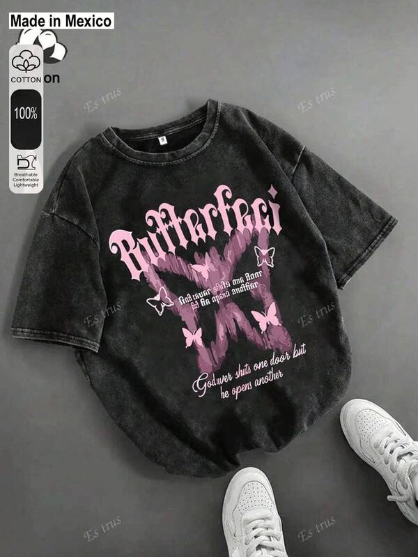 Camiseta de algodón Es Trus, estampado divertido de mariposa rosa y letra, estilo coreano retro de moda callejera y versátil Y2K, adecuada para ocio al aire libre, estilo punk regular de cuello redondo, manga corta y lavada