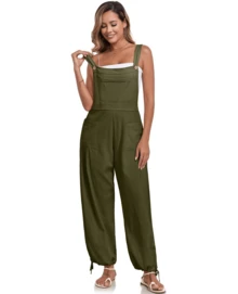 GS SNOWING Womens Wide Leg Overalls Loose Beach Vacation Outfits Jumpsuits 2025 Causal Sleeveless Rompers With Pockets - 軍綠色 - 查看 5
