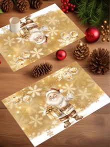 4 pièces/6 pièces/1200 pièces Napperon de Noël en polyester 30x45cm, design rétro et raffiné avec feuille d'or, avec des flocons de neige brillants en arrière-plan, le Père Noël enlace une boîte-cadeau dorée avec un bonnet rouge à pompon blanc, style classique, associé à des décorations d'étoiles pour ajouter de la profondeur, aidant à la décoration festive de la table de salle à manger de Noël, des fêtes et de l'espace familial