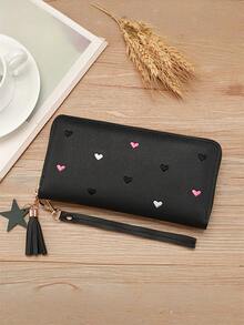 1pc Women's Fringe Cute Coin Zipper Credit Card Holder Fashionable And Simple Heart Embroidery Wallet Gift Gift Present Heart (Heart Pattern Random) For Women Wallet Purse Wallet Long Wallet Wristlet Wallet - Black - View 13