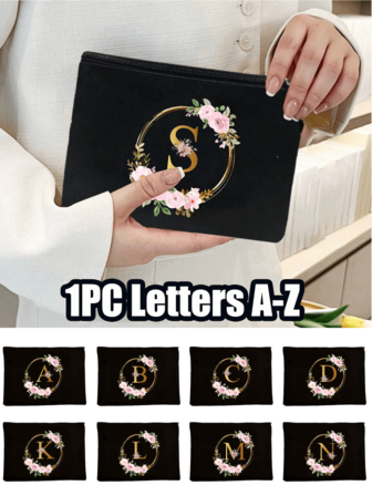 1个个性化花卉金色字母印花帆布化妆包 - 时尚风格，拉链封口，可折叠，轻便，不易褪色 - 是送给伴娘、老师和朋友的完美礼物，也可作为可机洗的女士化妆包使用。返校旅行必备，沙滩夏季度假旅行包，学校邮轮旅行必备，女士洗漱包，旅行浴室大容量包，男女皆宜。