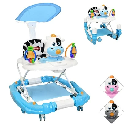 Joykoo Andadera para Bebé Mecedora Vaca con Sonido Bastón Toldo Altura Ajustable Ruedas de Goma Apta desde 6 meses