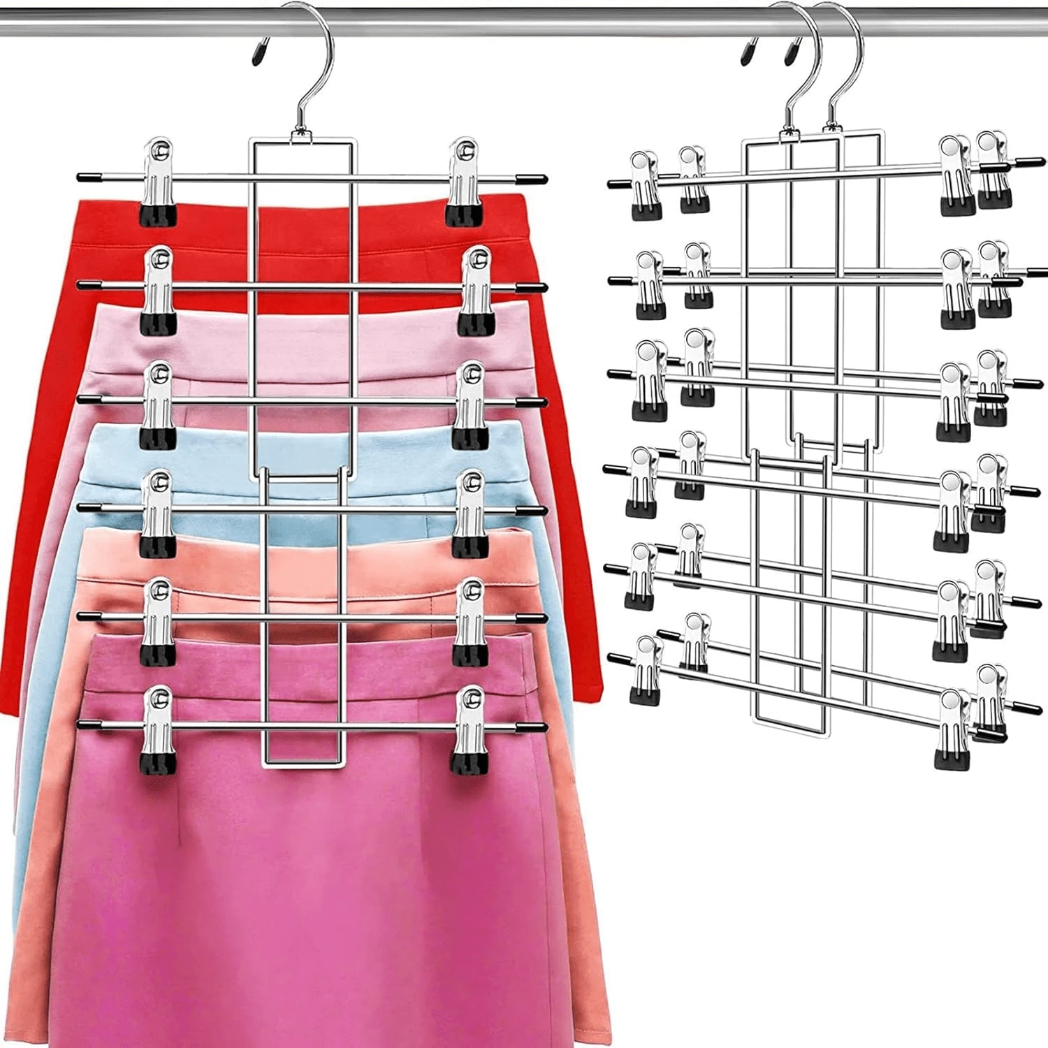 Pants Hanger With Hooks, Space Saving Hanging Closet Organizer - 6-Tier Skirt Hanger With 360° Rotating Hook, Wardrobe Organizer - Clothing Hanger - Must-Have For College Dorms And Apartments - Black - View 1