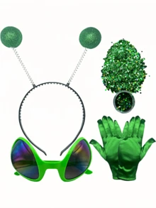 4pcs/Set Holiday Party Fun Cosplay Alien Halloween Valentine's Day Gift Glasses + Headband Mask Makeup Ball Party Gloves Hair Accessories Costume Props, New Glitter Sequin Christmas Party Stage Outfit
