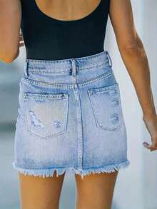 Spring/Summer | Women's Sexy Denim Skirt, Button With Zipper Closure Design, Hole Creativity, Inelastic Fabric, Suitable For Travel And Party Occasions. - Rửa nhẹ - Xem 5