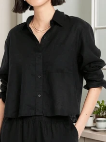 Women's Casual Solid Color Long Sleeve Shirt Black Spring - Black - View 10