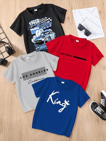 Purechapter Conjunto de 4 camisetas de manga corta con cuello redondo, estampado de letras y dibujos animados, de estilo casual y ligero para niños, multicolor