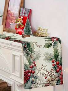 1 pieza, Camino de mesa de Navidad con bayas de acebo, de poliéster, rectangular, ropa de mesa navideña, diseño de bayas rojas y hojas verdes, hecho a máquina, para celebración de Navidad y Año Nuevo, decoración del hogar, cocina y fiesta (33x90/120/160/183/200 cm)