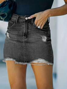 Spring/Summer | Women's Sexy Denim Skirt, Button With Zipper Closure Design, Hole Creativity, Inelastic Fabric, Suitable For Travel And Party Occasions. - 灰色 - 查看 3