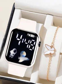 2 件/套 1 件卡通心形方形电子手表和 1 条蝴蝶手链情人节礼物圣诞礼物毕业礼物情侣礼物情侣手表手链万圣节、圣诞节、情人节、母亲节、节日礼物的最佳选择