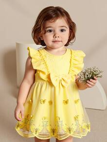 SHEIN Vestido elegante de malla para bebé niña con moño, volantes y patrones de jacquard - Amarillo - Ver 4