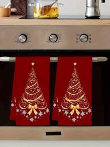 1/2Pcs Festive Christmas Kitchen Towels, 15.7x23.6in - Red With Golden Snowflake & Pine Tree Design, Soft Polyester Dish Towels For Cooking, Baking, And Holiday Decor, Perfect For Kitchen Or Bathroom Use, Hand Wash Only, Christmas Kitchen Decor