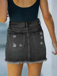 Spring/Summer | Women's Sexy Denim Skirt, Button With Zipper Closure Design, Hole Creativity, Inelastic Fabric, Suitable For Travel And Party Occasions. - 灰色 - 查看 2