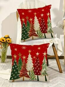 1/2/4pcs Soft Christmas Tree Decorative Throw Pillow Covers - Red & Green Farmhouse Holiday Decor With Golden Stars & Pine Tree Patterns, Zipper Closure, Machine Washable Polyester Cushion Covers For Sofa, Bedroom, Living Room - Contemporary Modern Xmas Decorations (No Inserts) - Multicolor - View 2