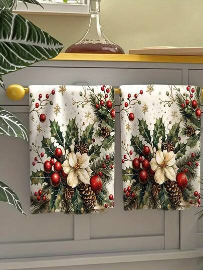 1/2 件节日冬青和槲寄生厨房毛巾套装，15.7x23.6 英寸 - 柔软涤纶手巾，带有红色、绿色和金色节日图案，非常适合擦干碗碟和茶杯，复古农舍风格，非常适合厨房和餐厅装饰，圣诞毛巾