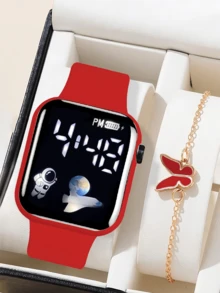 2 件/套 1 件卡通心形方形电子手表和 1 条蝴蝶手链情人节礼物圣诞礼物毕业礼物情侣礼物情侣手表手链万圣节、圣诞节、情人节、母亲节、节日礼物的最佳选择