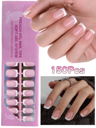 150Pcs Short Square Press On Nail,Pink French Tip Soft Gel Nail Tips,Fake Nails Set,Used As False Nails For DIY,Simple And Versatile Style In 15 Sizes Suitable For Women