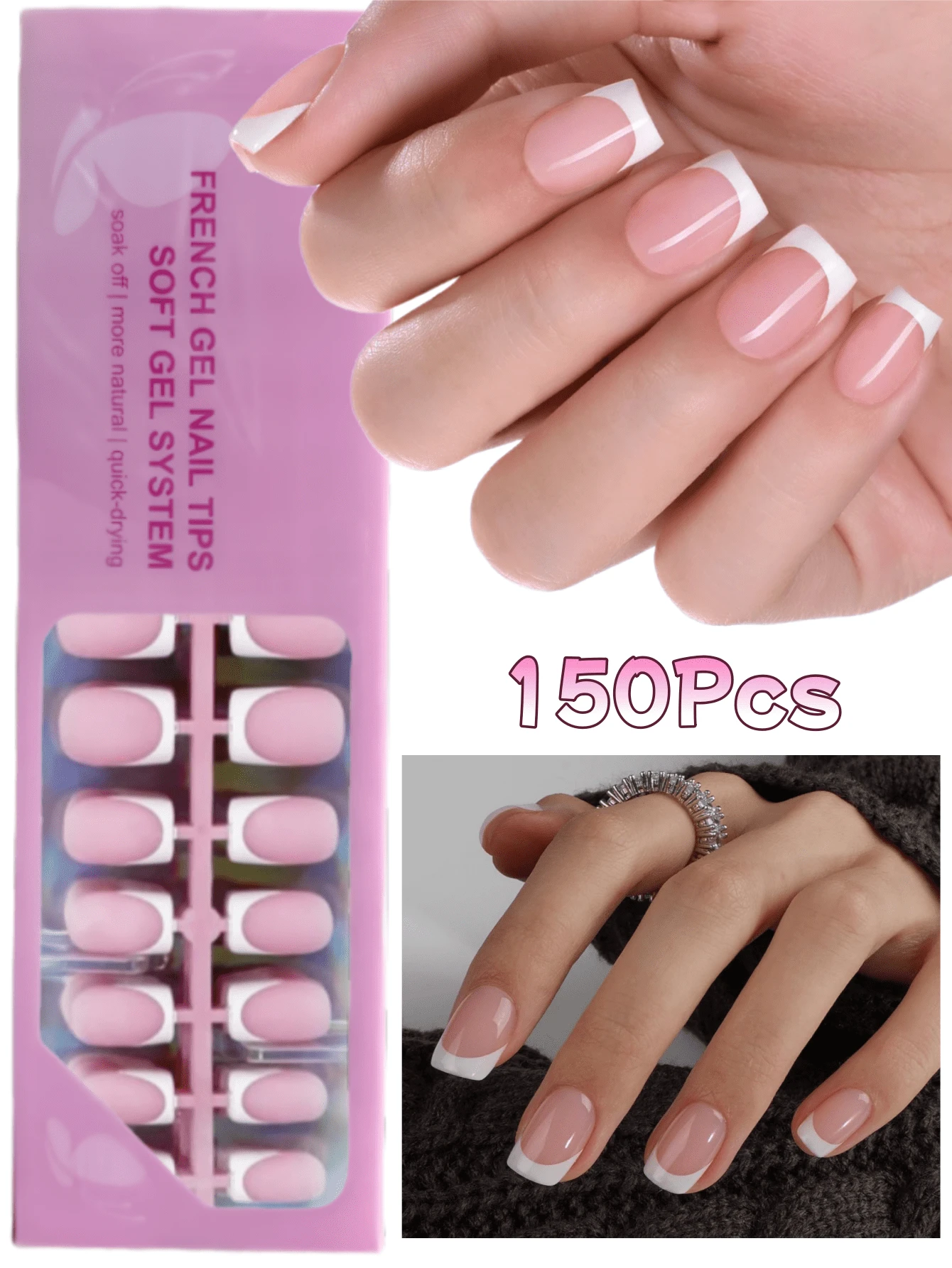 150 piezas de puntas de uñas francesas rectangulares rosas, uñas postizas de gel suave estilo francés, set de arte de uñas DIY, 15 tamaños adecuados para mujeres, simple & versátil