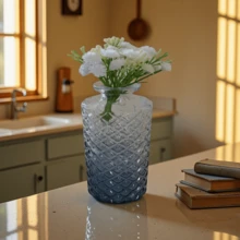 A Glass Vase With A Diamond-Shaped Gradient Blue Design, Featuring 5 White Flowers. Suitable For Minimalist Decor In Living Rooms, Dining Rooms, Study Rooms, And Bedrooms. Home Decor Room Decor Flower Vase