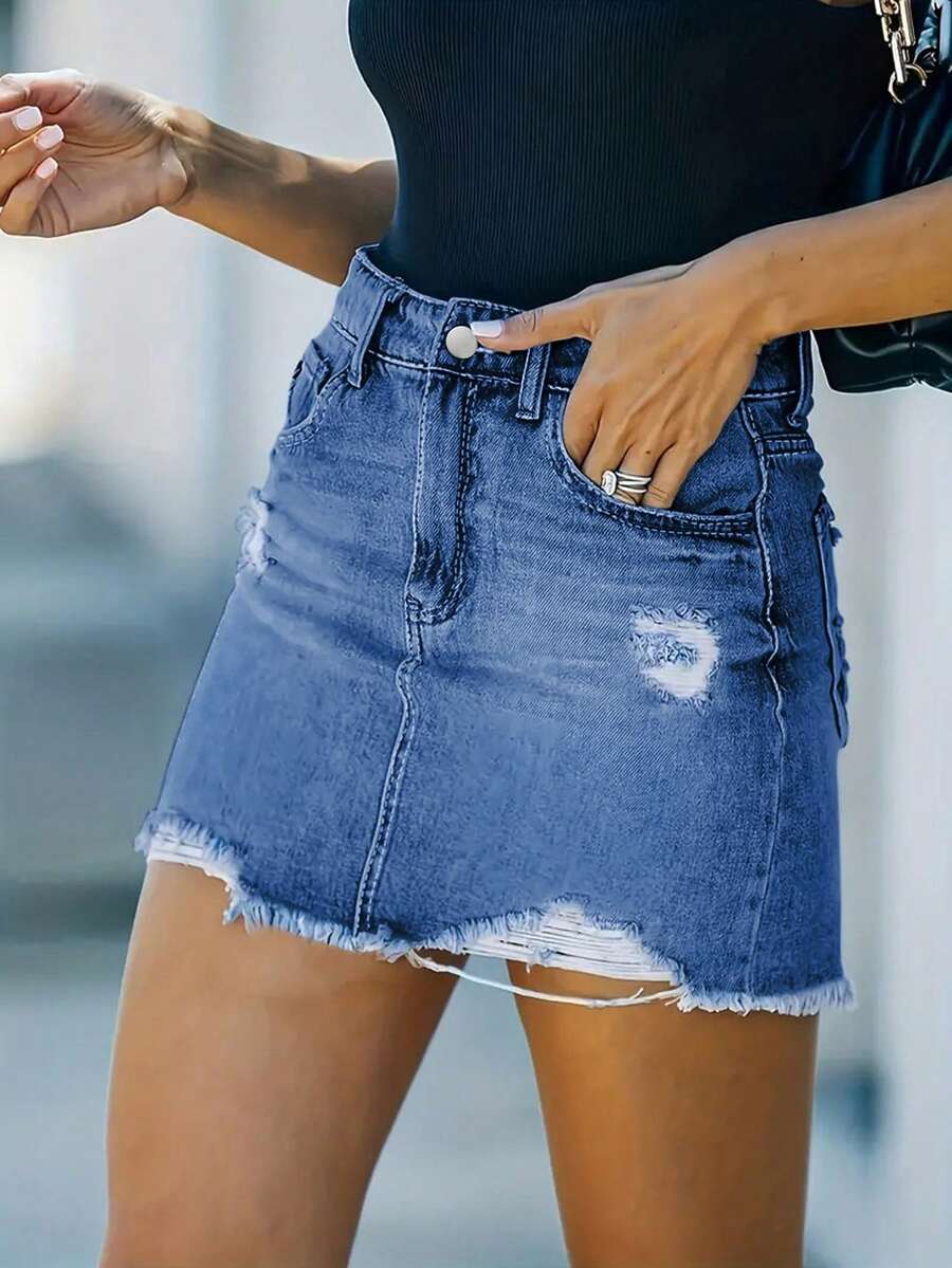 Spring/Summer | Women's Sexy Denim Skirt, Button With Zipper Closure Design, Hole Creativity, Inelastic Fabric, Suitable For Travel And Party Occasions. - Medium Wash - View 1