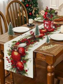 1 pieza Camino de mesa navideño - Rectangular con rayas, decoración navideña con adornos rojos y dorados, ramas de pino y copos de nieve para la cocina, comedor, fiesta, decoración del hogar, decoración de mesa navideña, patrones de copos de nieve, tela resistente, textil de temporada, decoración navideña (13x35.4/47.2/63/72/78.7 pulgadas)