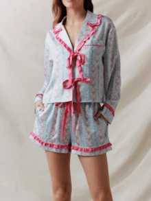 Women Y2k Summer 2 Piece PJs Pajama Sets Long Sleeve V Neck Lapel Button Down T-Shirt Floral Print T-Up Front Top Elastic Waist Wide Leg Drawstring Pajama Bottoms Casual Loungewear Sleepwear - 藍色 - 查看 6