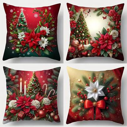 4 fundas de cojín navideñas festivas, estilo moderno con fondo rojo y patrón de árbol de Navidad, tamaño 40x40cm/45x45cm/50x50cm, diseño de una sola cara, lavable a máquina, funda de cojín de poliéster con cremallera (sin relleno)